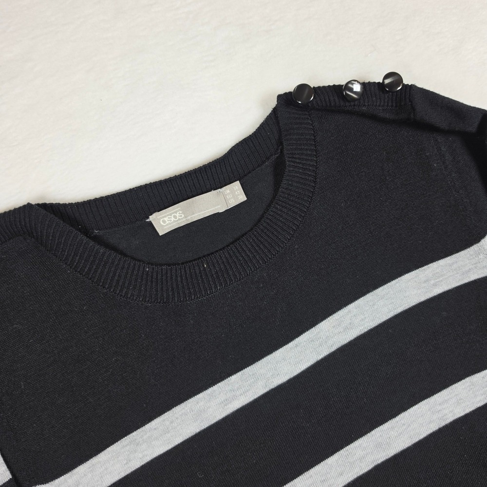 ASOS Black Gray Striped Tunic Sweater Button Shoulder Layered Hem Womens 10